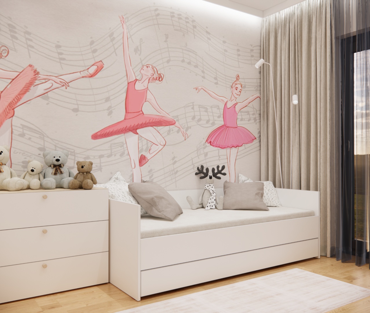 Ściana z łóżkiem, komodą i pastelową tapetą z tańczącymi baletnicami w różowych sukienkach.